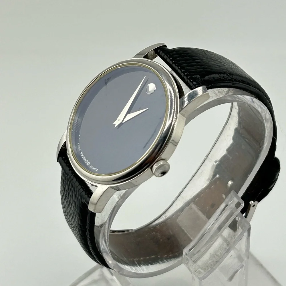 Movado Black Leather Strap Watch swiss quartz 12.396.106 #535